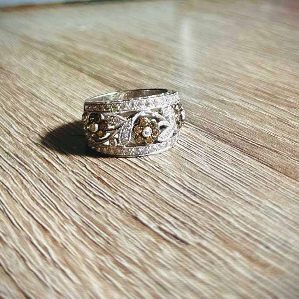Levian 18k White Gold Chocolate  Vanilla Diamond Floral Wide Band Ring